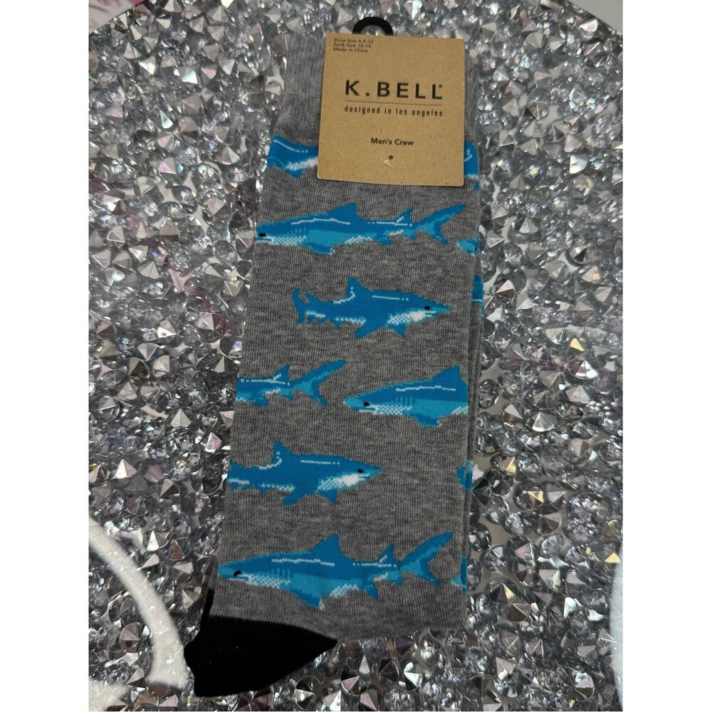 K.bell socks Men's Gray Shark Crew Socks - Blue Shark Pattern